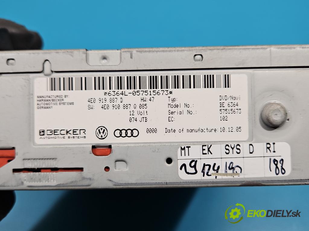 Audi A6 C6 2004-2011 2.7 TDI 179KM automatic 132 kW 2698 cm3 5- Navigácia: čítačka 4E0919887D