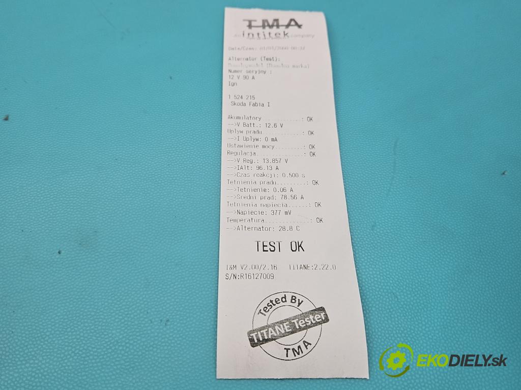 Skoda Fabia I 1999-2007 1.2 12V 64 HP manual 47 kW 1198 cm3 5- Alternator 03D903025J (Alternátor)