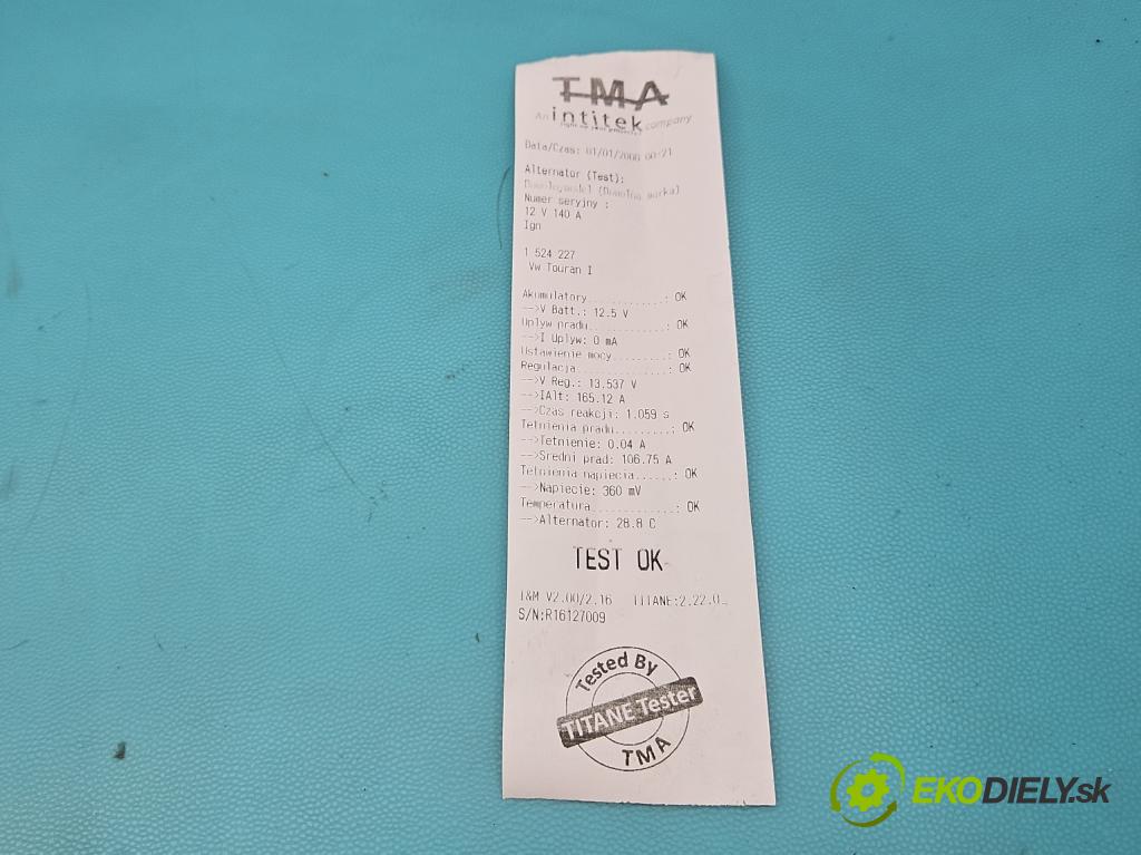 Vw Touran I 2003-2015 1.9 tdi 101 HP manual 74 kW 1896 cm3 5- Alternator 0986045340 (Alternátor)