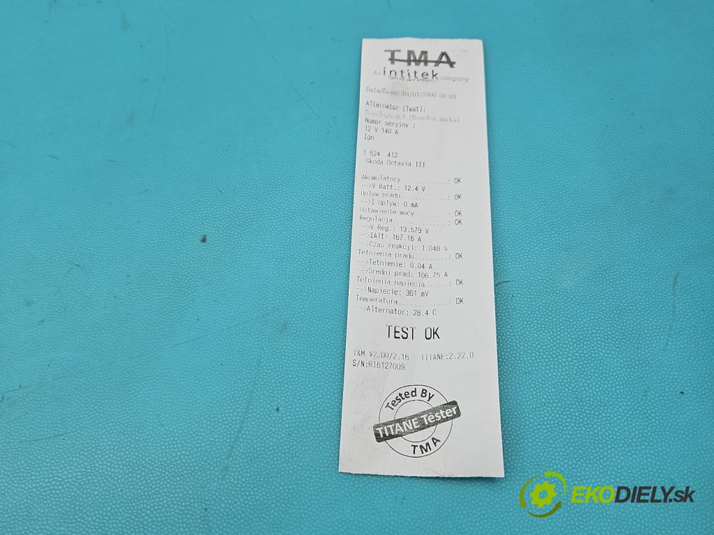Skoda Octavia III 2013- 1.6 tdi 110 HP manual 81 kW 1598 cm3 5- Alternator 03L903023K (Alternátor)