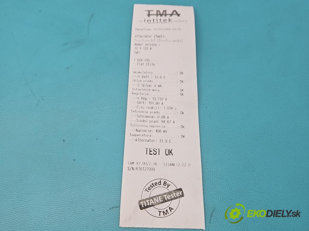 Fiat Stilo 1.6 16V 105 HP manual 77 kW 1598 cm3 5- Alternator 0124425005 (Alternátor)