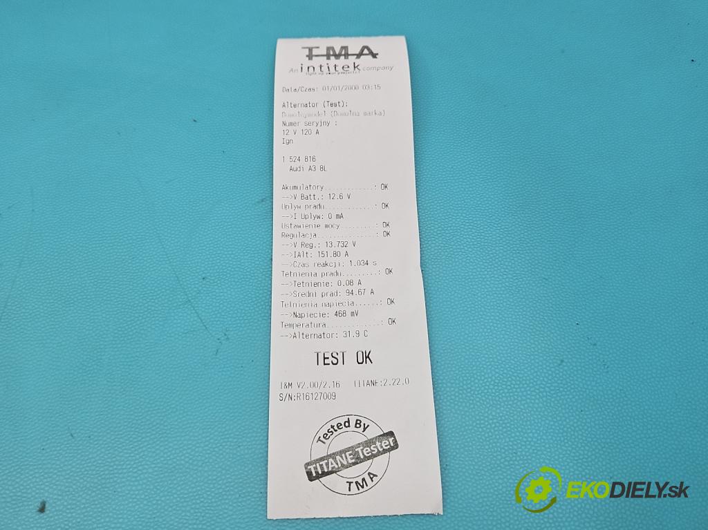Audi A3 8L 1996-2003 1.8 20V 125 HP manual 92 kW 1781 cm3 5- Alternator  (Alternátor)
