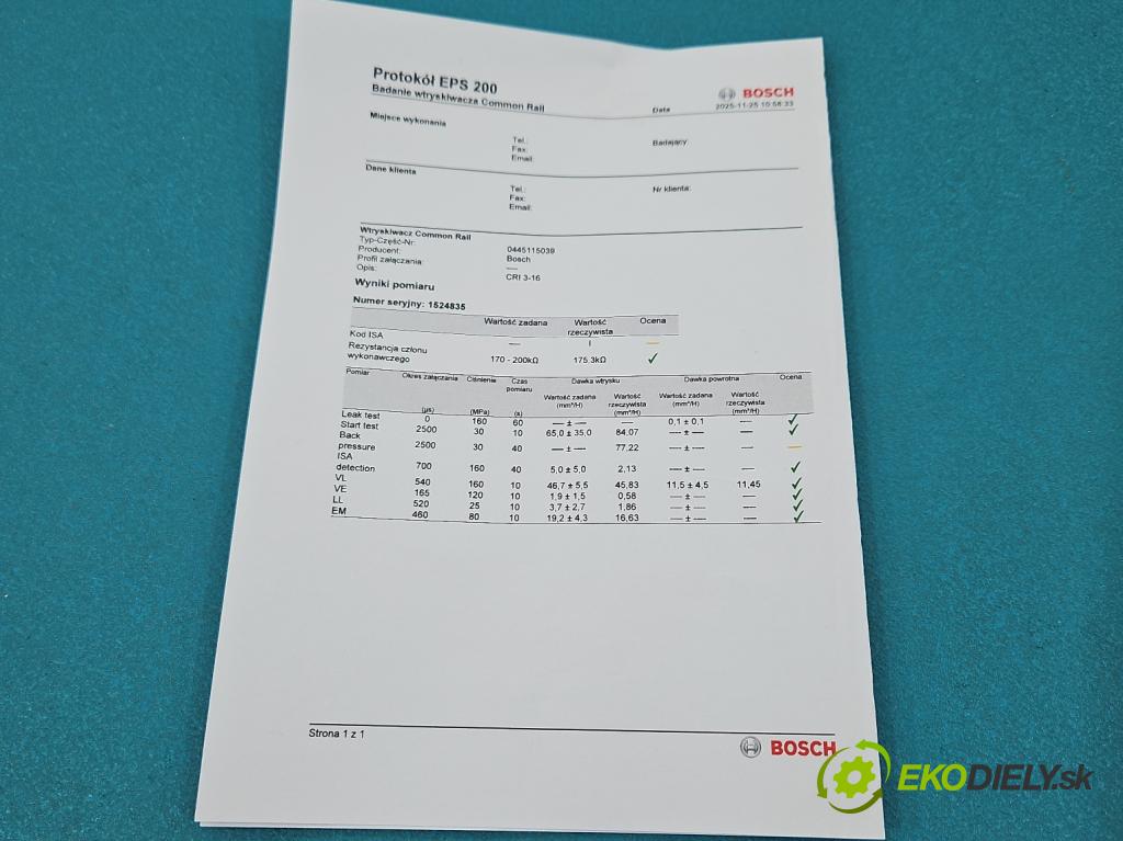 Audi A6 C6 2004-2011 2.7 TDI 179KM automatic 132 kW 2698 cm3 5- vstrek 0445115039 (Vstrekovač paliva)