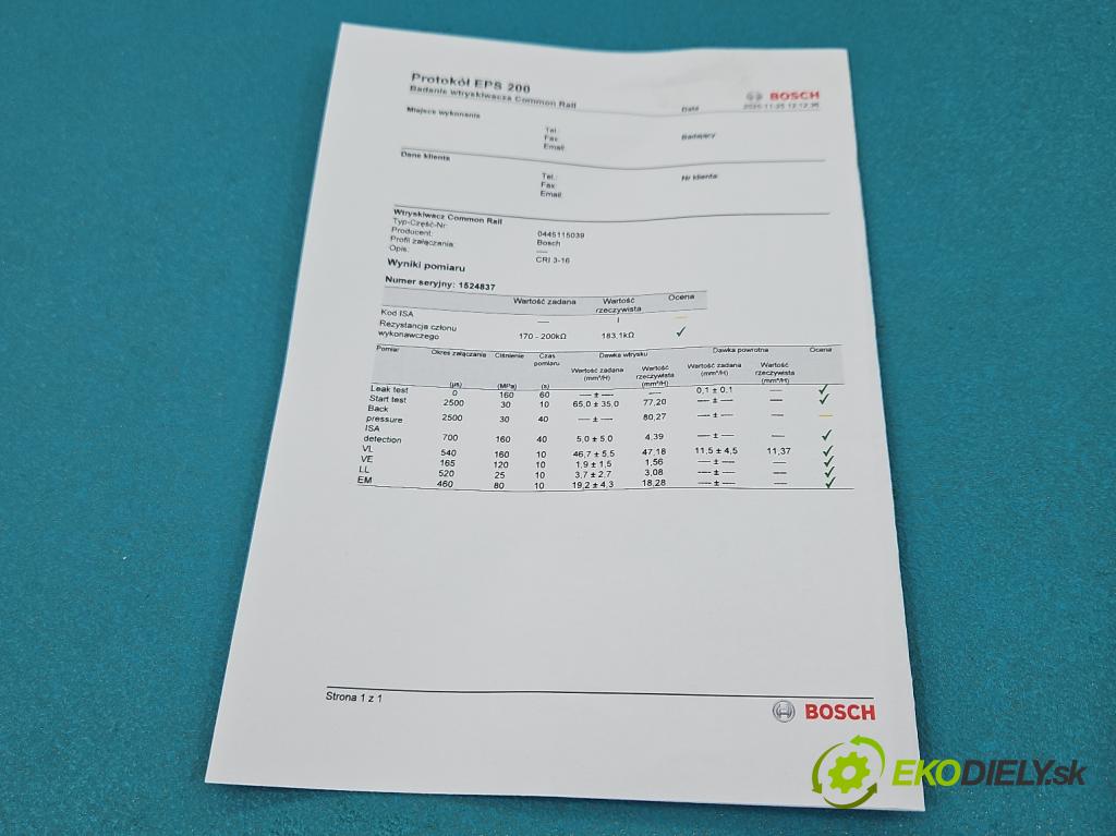 Audi A6 C6 2004-2011 2.7 TDI 179KM automatic 132 kW 2698 cm3 5- vstrek 0445115039 (Vstrekovač paliva)