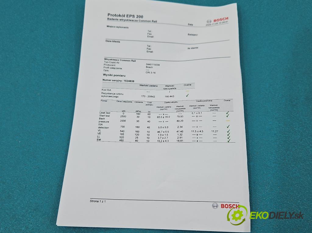 Audi A6 C6 2004-2011 2.7 TDI 179KM automatic 132 kW 2698 cm3 5- vstrek 0445115039 (Vstrekovač paliva)