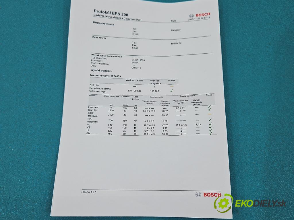 Audi A6 C6 2004-2011 2.7 TDI 179KM automatic 132 kW 2698 cm3 5- vstrek 0445115039 (Vstrekovač paliva)