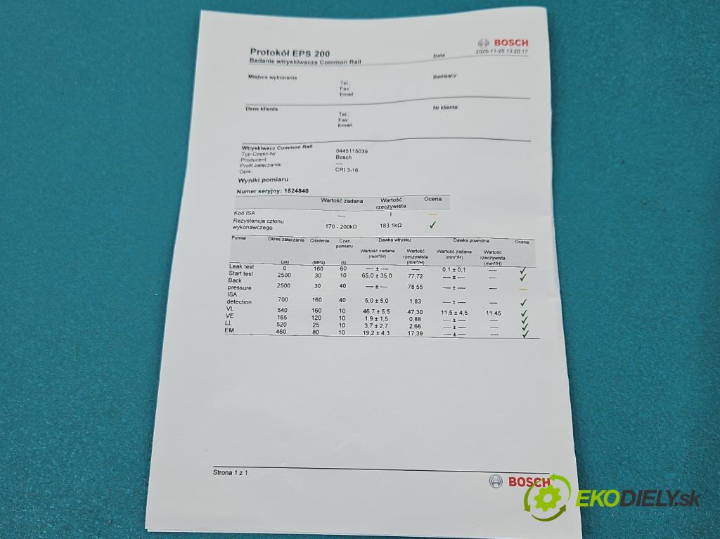 Audi A6 C6 2004-2011 2.7 TDI 179KM automatic 132 kW 2698 cm3 5- vstrek 0445115039 (Vstrekovač paliva)