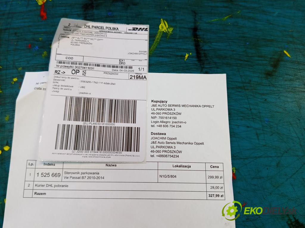 Vw Passat B7 2010-2014 2.0 TSI 211KM automatic 155 kW 1984 cm3 5- riadiaca jednotka parkovaní: 3AA919475D