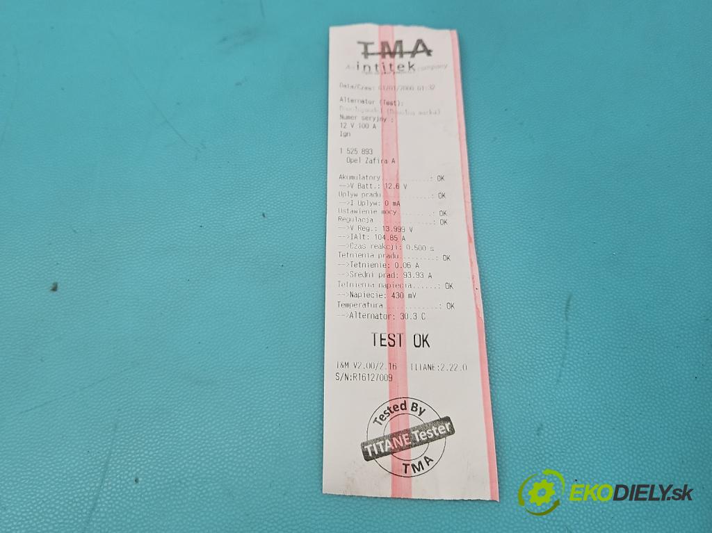 Opel Zafira A 1999-2005 1.8 16V 125 HP manual 92 kW 1796 cm3 5- Alternator 024415002 (Alternátor)