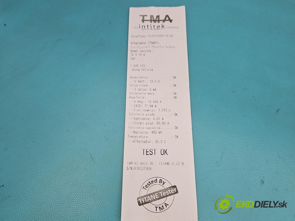 Skoda Felicia 1.3 MPI 68 HP manual 50 kW 1289 cm3 5- Alternator  (Alternátor)