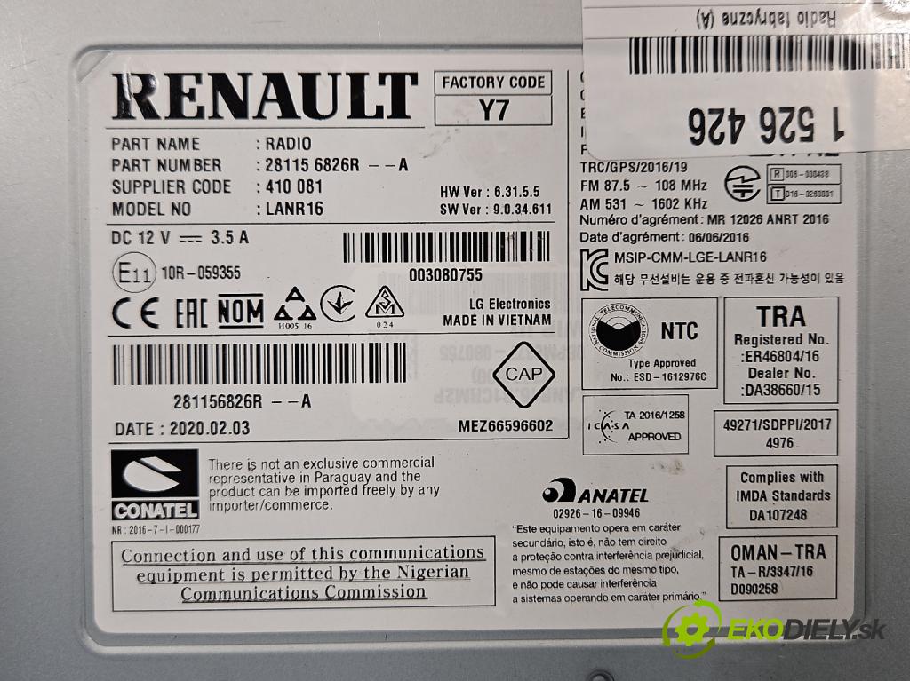 Renault Kadjar 2015-2022 1.3 140 HP automatic 103 kW 1332 cm3 5- Radio originál 281156826R
