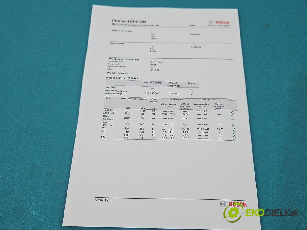 Skoda Octavia II 2004-2013 2.0 TDI 170 HP manual 125 kW 1968 cm3 5- vstrek 0445116030 (Vstrekovač paliva)