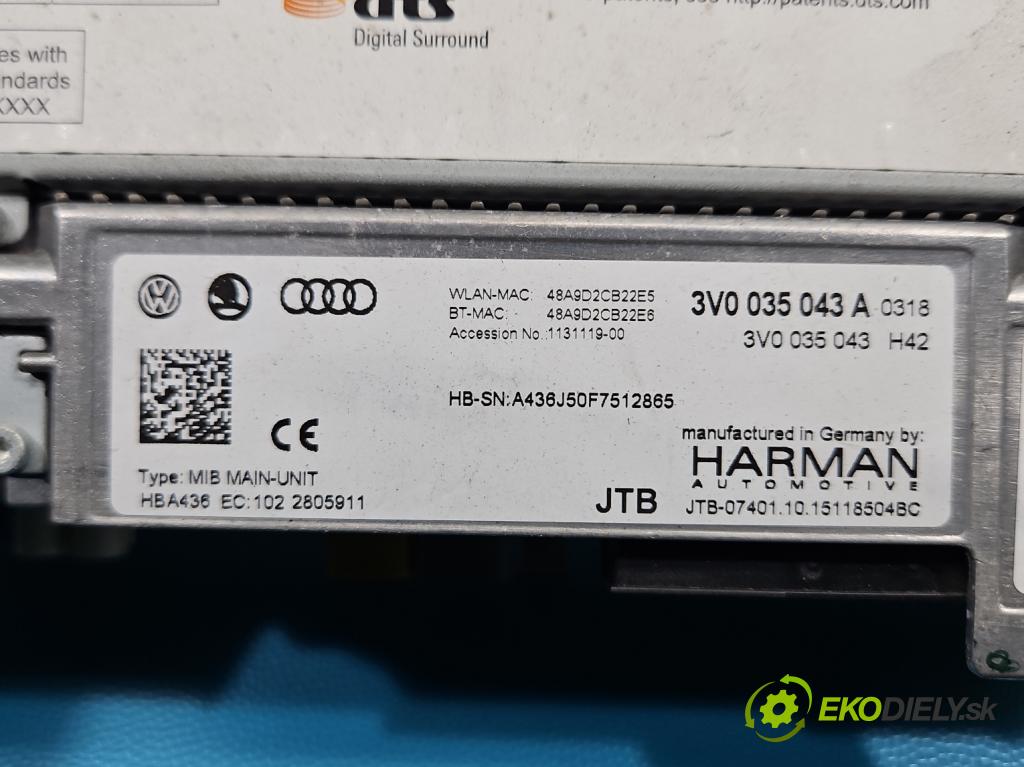 Skoda Octavia III 2013- 1.6 TDI 110 hp manual 81 kW 1598 cm3 5- Navigace: čtečka 3V0035043A