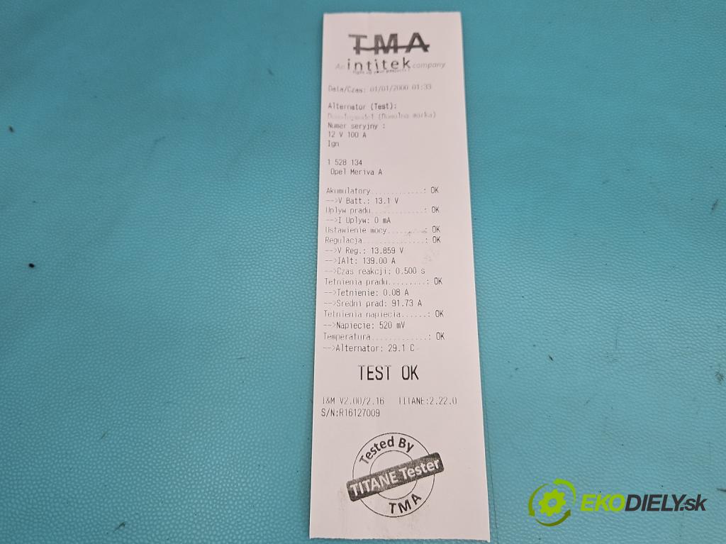 Opel Meriva A 2002-2010 1.6 16v 101 HP manual 74 kW 1598 cm3 5- Alternator 0124425022 (Alternátor)