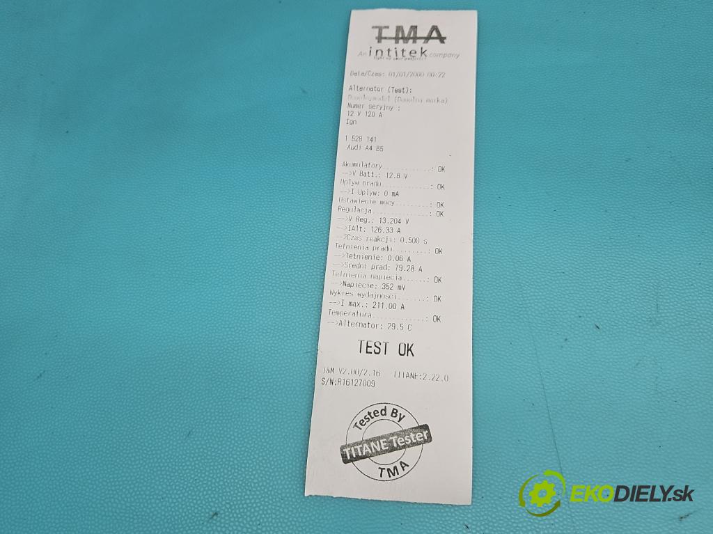 Audi A4 B5 1994-2001 1.9 tdi 90 HP manual 66 kW 1896 cm3 4- Alternator 0123515008 (Alternátor)