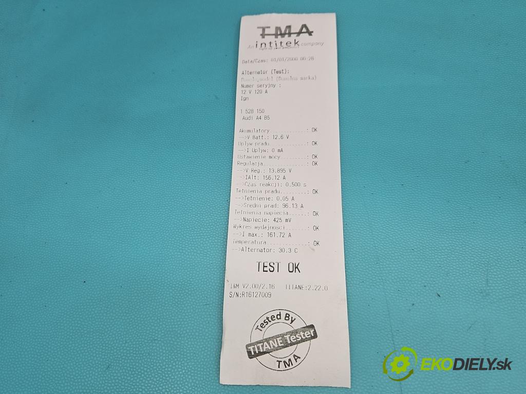 Audi A4 B5 1994-2001 1.9 TDI 90 HP manual 66 kW 1896 cm3 4- Alternator 0123510009 (Alternátor)