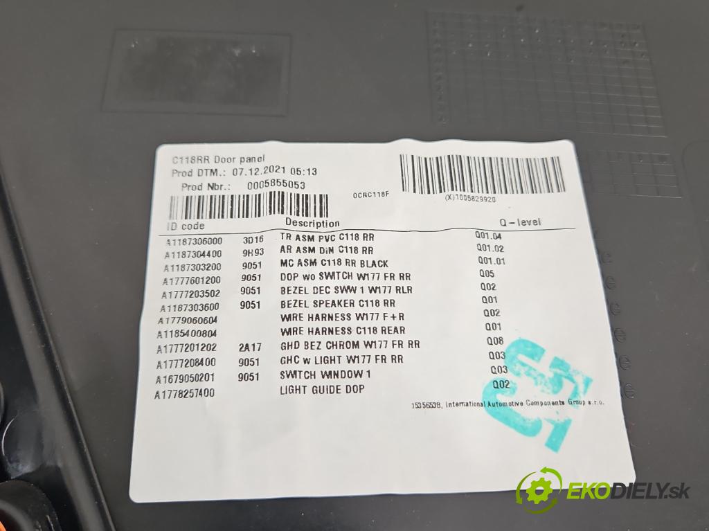 Mercedes CLA C118/X118 2019-2025 1.3b: 163 HP automatic 120 kW 1300 cm3 4- Čalounictví: dvere zadné pravé A1187308600