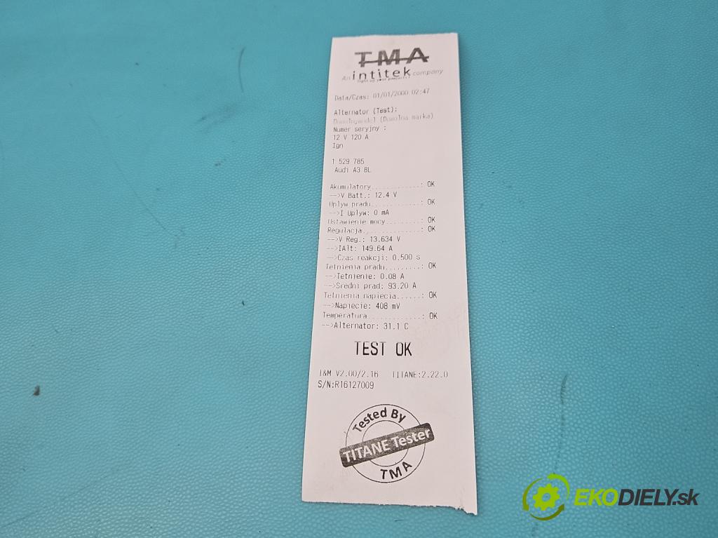 Audi A3 8L 1996-2003 1.8 T 150 HP automatic 110 kW 1781 cm3 3- Alternator 028903028E (Alternátor)