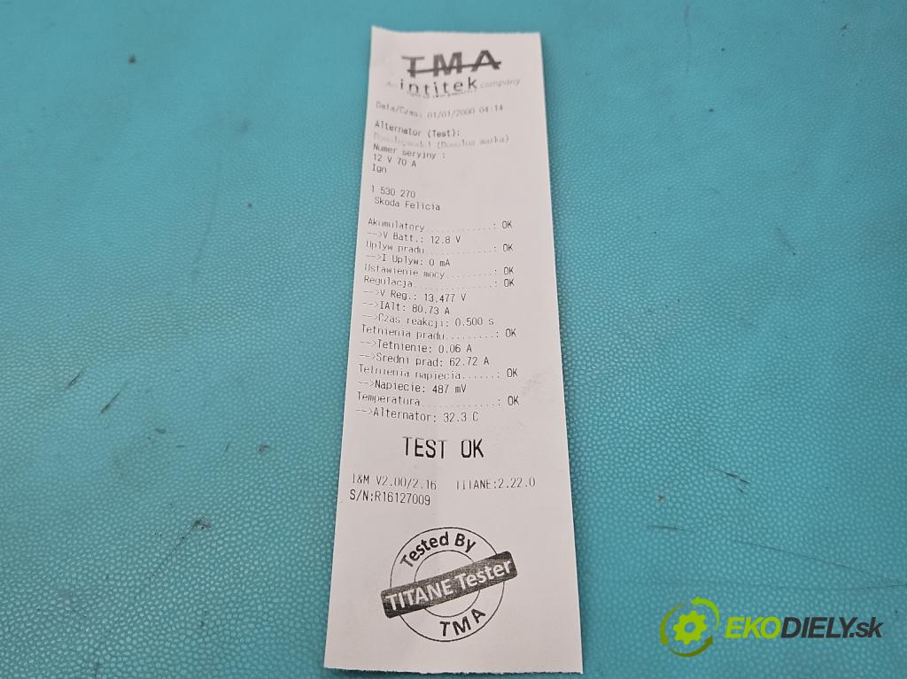Skoda Felicia 1.3 mpi 54 HP manual 40 kW 1289 cm3 5- Alternator  (Alternátor)
