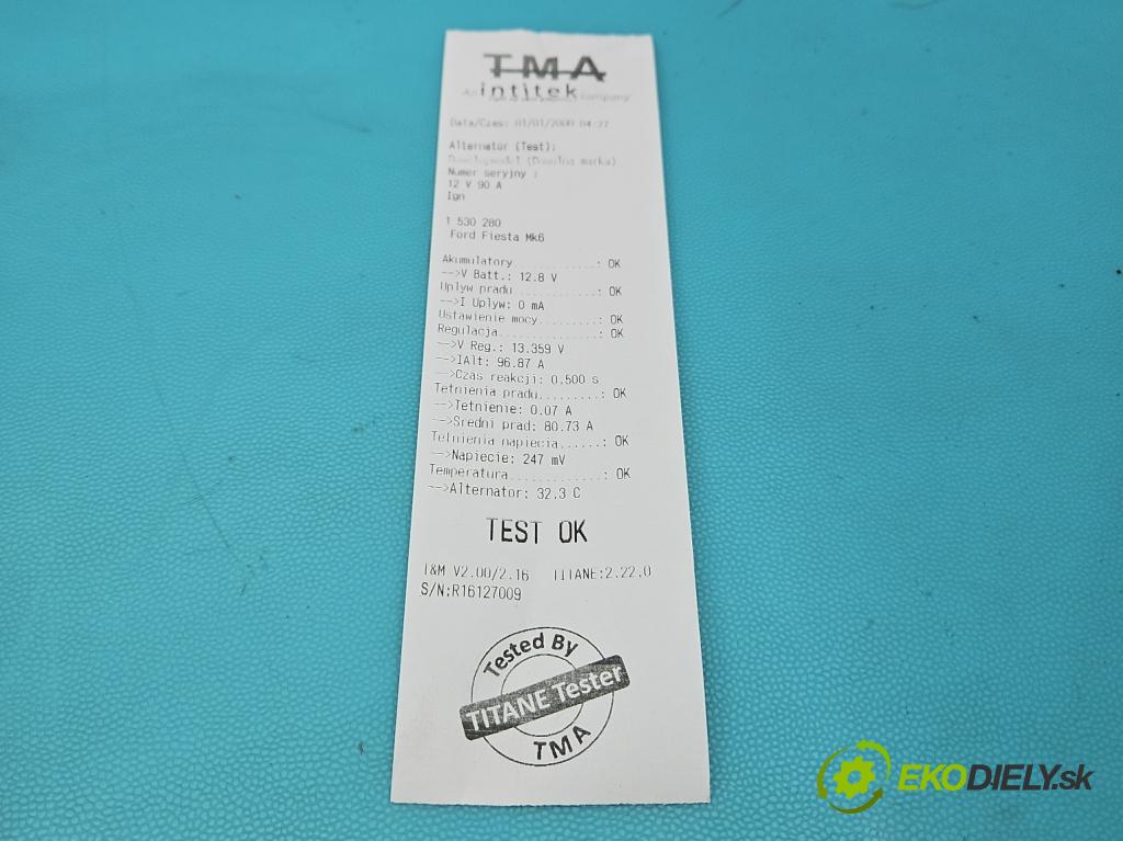 Ford Fiesta Mk6 2002-2008 1.3 69KM manual 51 kW 1299 cm3 5- Alternator 2S6T-FA (Alternátor)