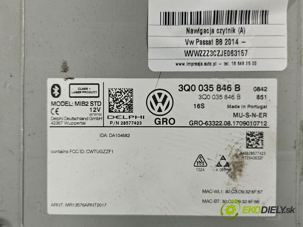 Vw Passat B8 2014 - 1.4 tsi 125 HP manual 92 kW 1395 cm3 4- Navigácia: čítačka 3Q0035846B