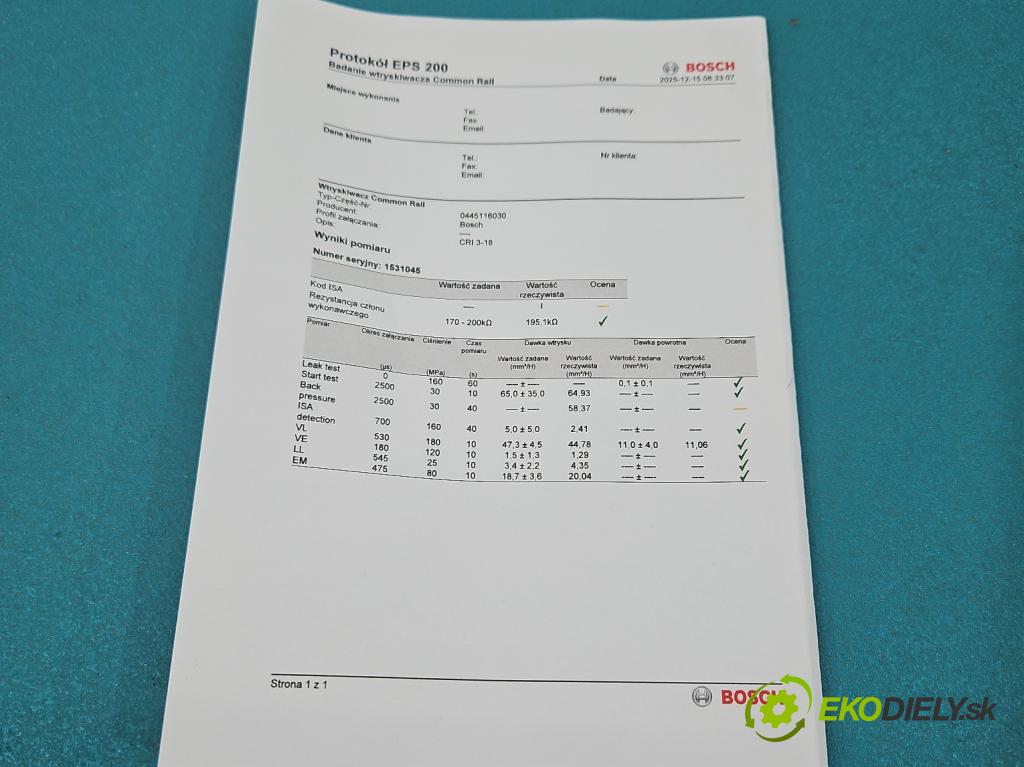 Audi A4 B8 2007-2015 2.0 TDI (CAGA) 143 HP manual 105 kW 1968 cm3 5- vstrek 0445116030 (Vstrekovač paliva)