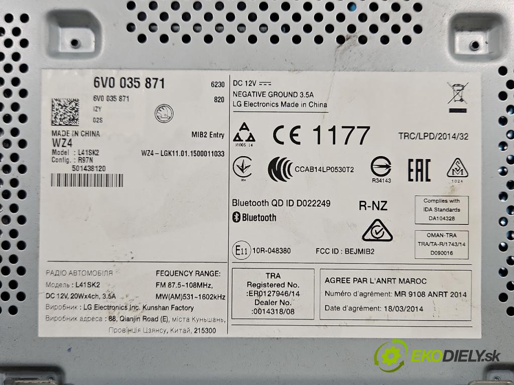 Skoda Fabia III 2014- 2021 1.4 TDI 105 HP manual 77 kW 1422 cm3 5- Radio originál 6V0035871