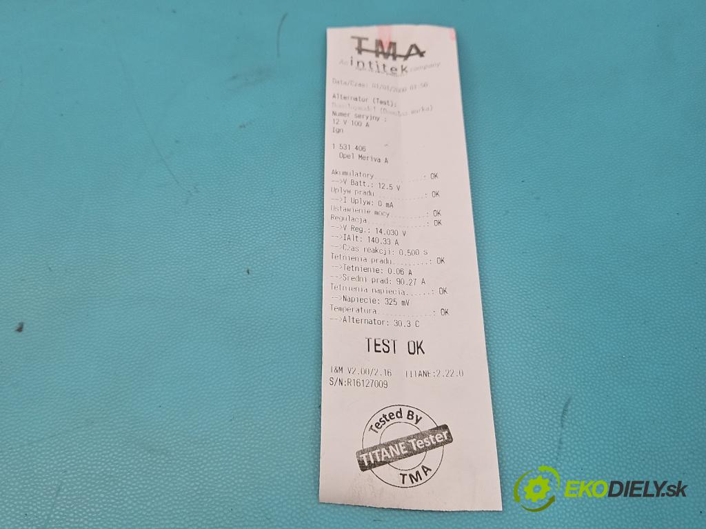 Opel Meriva A 2002-2010 1.6 16v 101 HP manual 74 kW 1598 cm3 5- Alternator 012441500 (Alternátor)