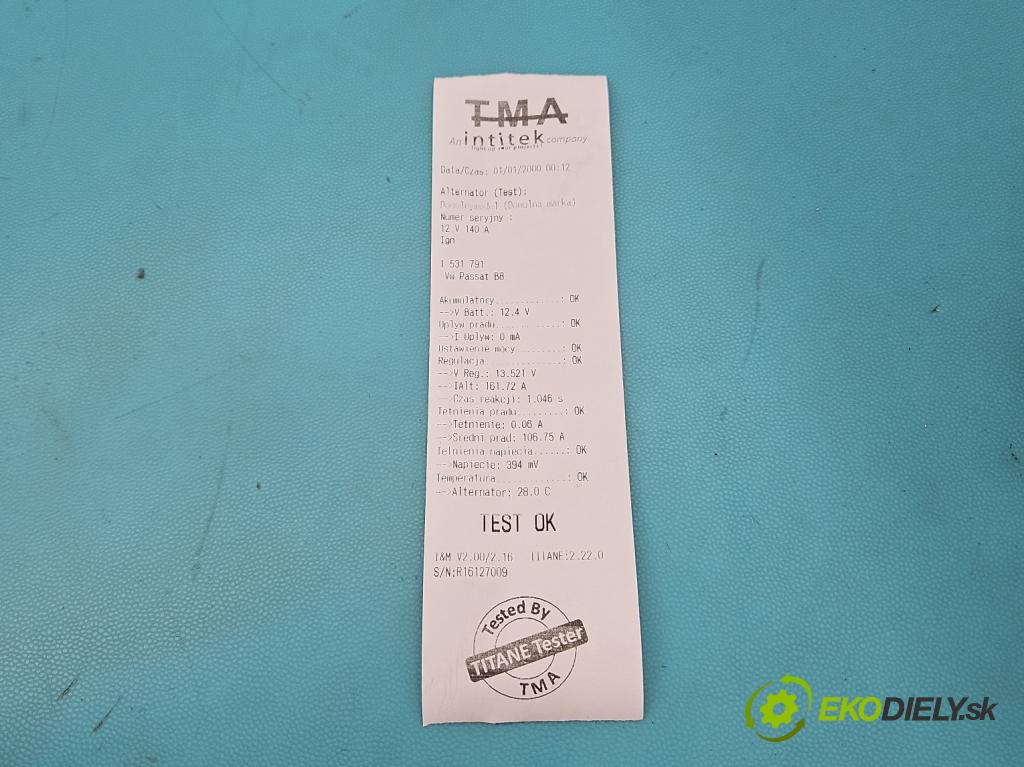 Vw Passat B8 2014 - 1.4 tsi 125 HP manual 92 kW 1395 cm3 4- Alternator 04C903023T (Alternátor)