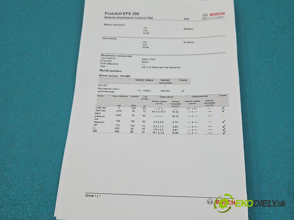 Audi A6 C7 2011-2018 3.0 TDI 204 HP automatic 150 kW 2967 cm3 5- vstrek 0445117022 (Vstrekovač paliva)