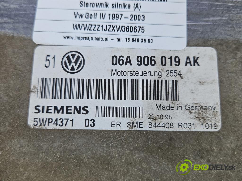 Vw Golf IV 1997-2003 1.6 sr 101 HP manual 74 kW 1595 cm3 5- riadiaca jednotka motora 06A906019AK
