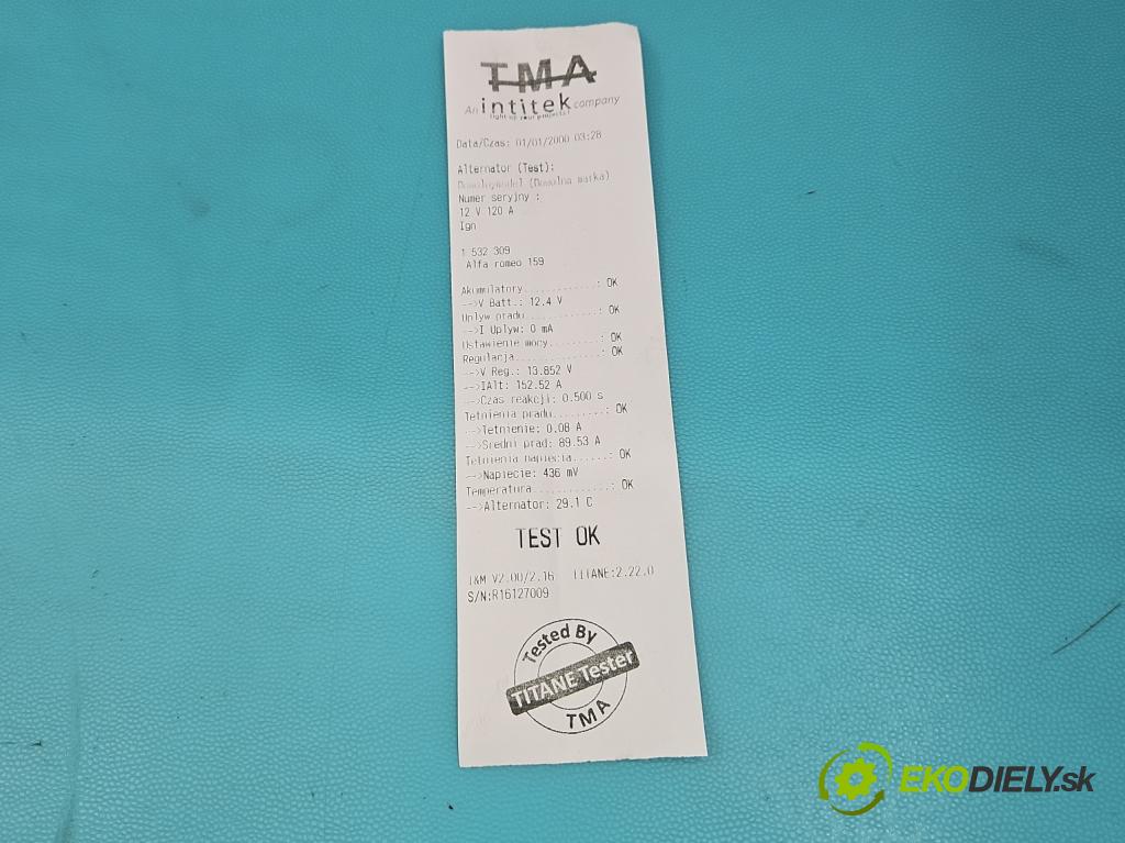 Alfa romeo 159 1.9 JTS 160 hp manual 118 kW 1859 cm3 4- Alternator 0124425041 (Alternátor)