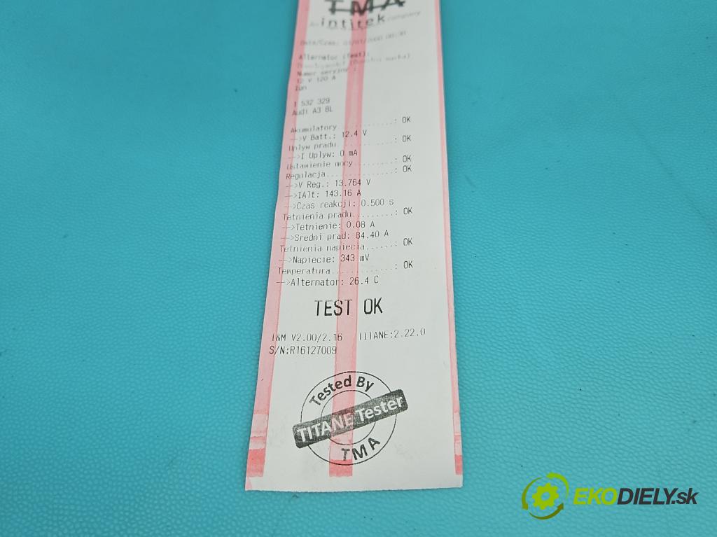 Audi A3 8L 1996-2003 1.6 sr 102 HP manual 75 kW 1595 cm3 3- Alternator 028903028E (Alternátor)