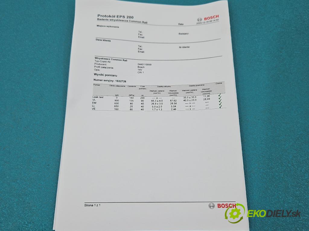 Chrysler Voyager IV 2000-2007 2.8 CRD 150 HP automatic 110 kW 2776 cm3 5- vstrek 0445110059 (Vstrekovač paliva)