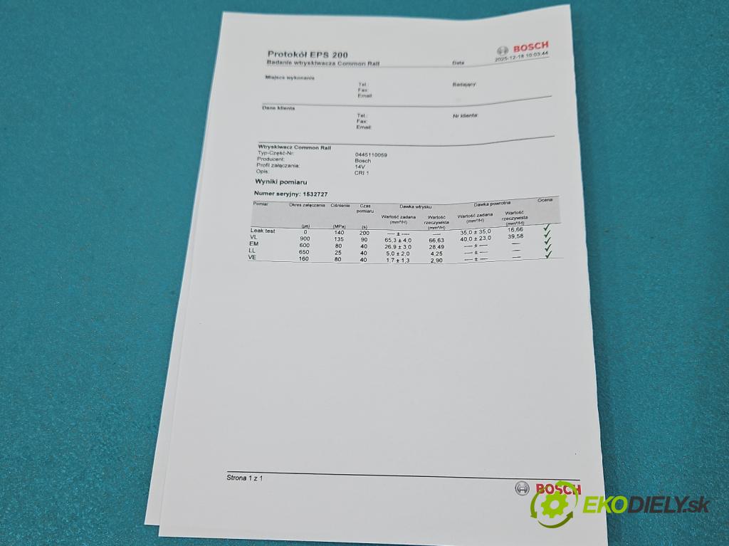 Chrysler Voyager IV 2000-2007 2.8 CRD 150 HP automatic 110 kW 2776 cm3 5- vstrek 0445110059 (Vstrekovač paliva)