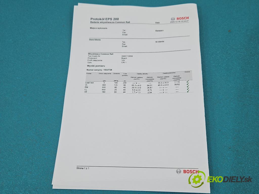 Chrysler Voyager IV 2000-2007 2.8 CRD 150 HP automatic 110 kW 2776 cm3 5- vstrek 0445110059 (Vstrekovač paliva)