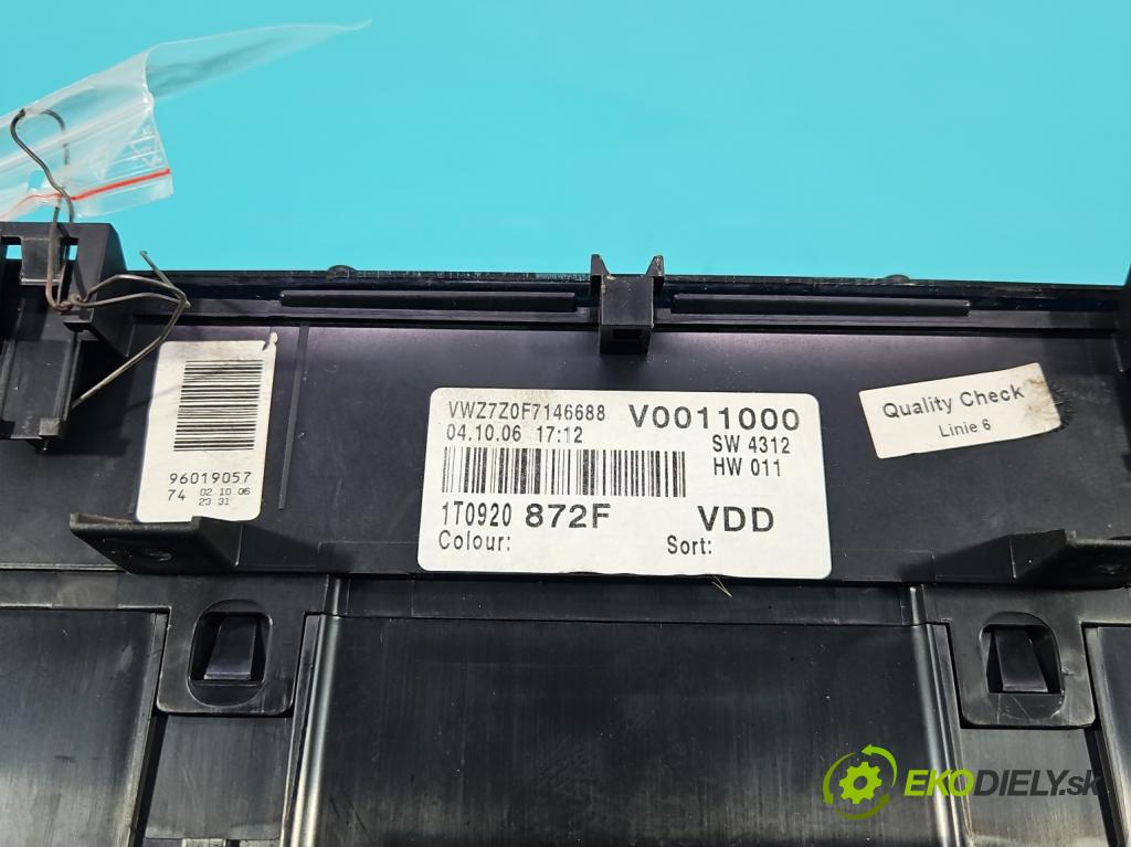 Vw Touran I 2003-2015 2.0 TDI 136 HP manual 100 kW 1968 cm3 5- prístrojovka/ budíky 1T0920872F (Prístrojová doska)
