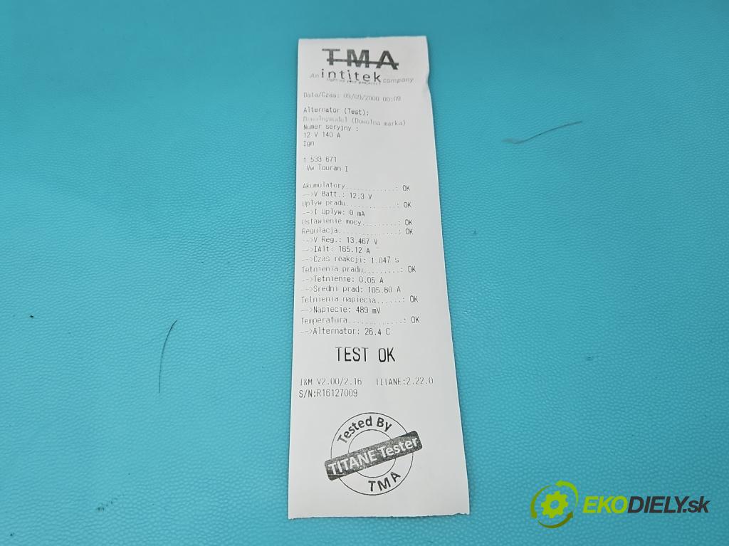 Vw Touran I 2003-2015 2.0 TDI 136 HP manual 100 kW 1968 cm3 5- Alternator 06F903023C (Alternátor)