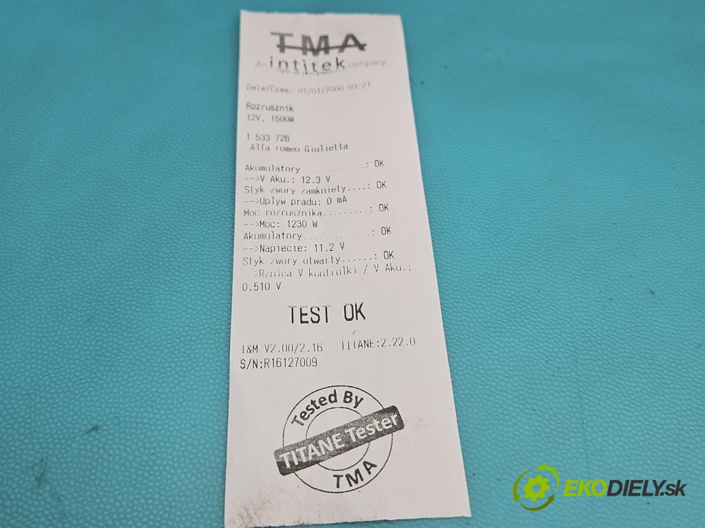 Alfa romeo Giulietta 1.4 T 170 HP manual 125 kW 1368 cm3 5- štartér 0001137002 (Štartér)