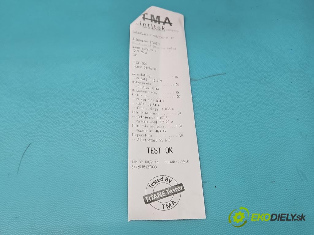 Honda Civic VI 1995-2001 1.4 16V 90 HP automatic 66 kW 1396 cm3 5- Alternator 0123315007 (Alternátor)