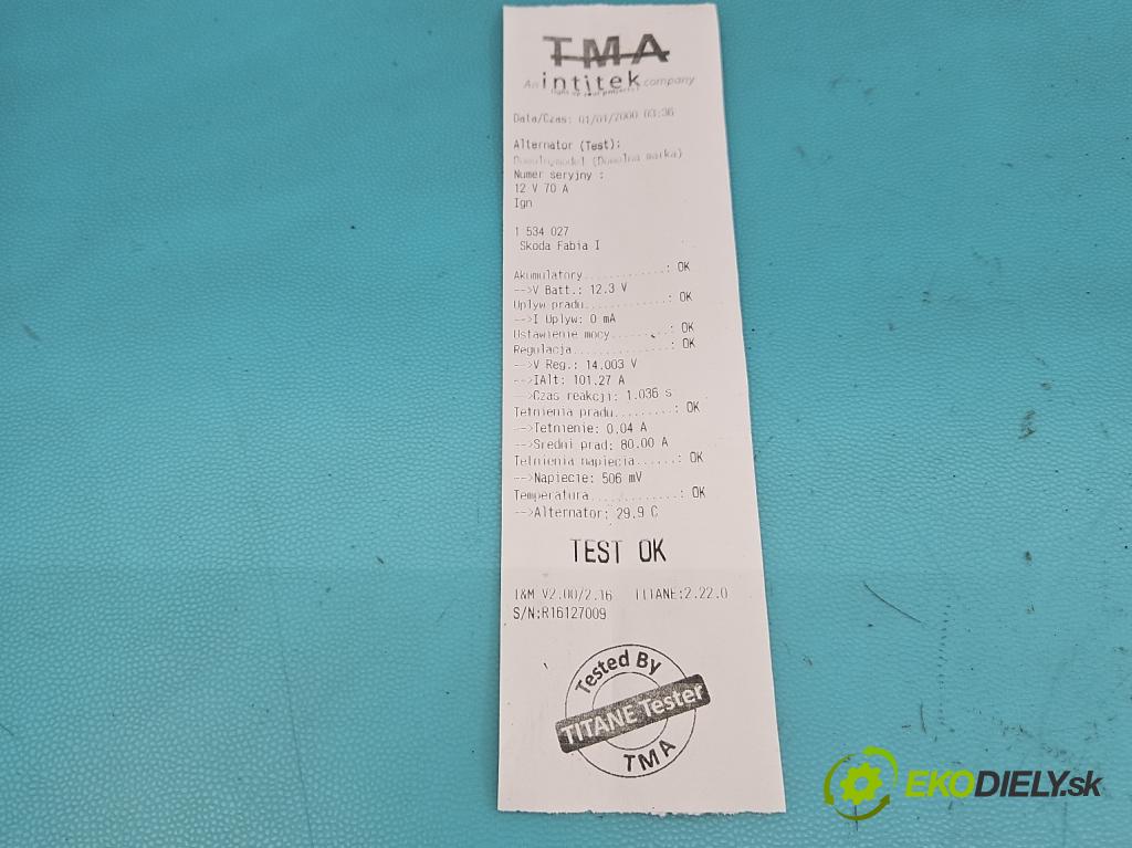 Skoda Fabia I 1999-2007 1.4 mpi 68 HP manual 50 kW 1397 cm3 5- Alternator 047903015Q (Alternátor)