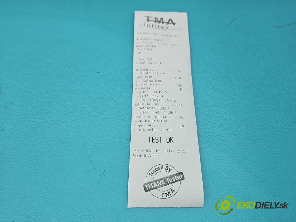 Renault Master II 1998-2010 2.5 dci 99 HP manual 73 kW 2463 cm3 5- Alternator 0124525044 (Alternátor)