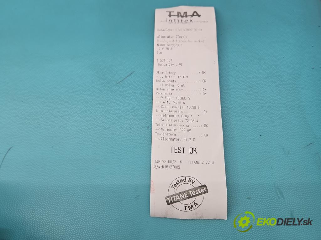 Honda Civic VI 1995-2001 1.4 16V 90 HP manual 66 kW 1396 cm3 3- Alternator A5TA1091 (Alternátor)