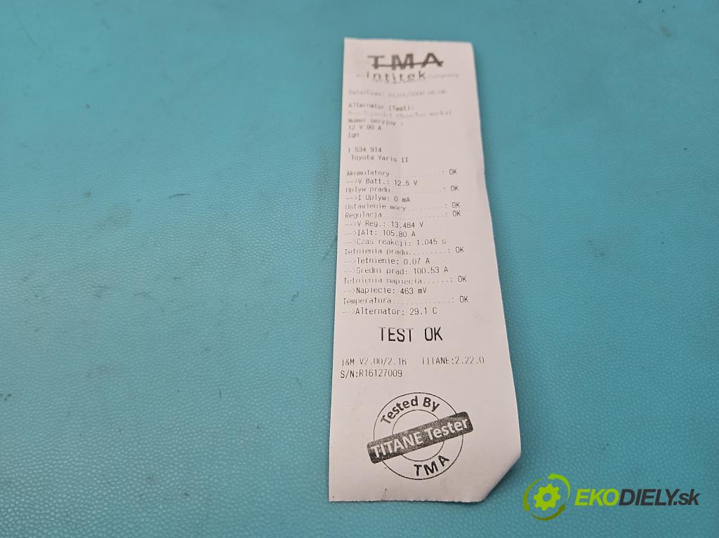 Toyota Yaris II 2005-2011 1.3 vvti 87 HP manual 64 kW 1298 cm3 5- Alternator 27060-0J061 (Alternátor)