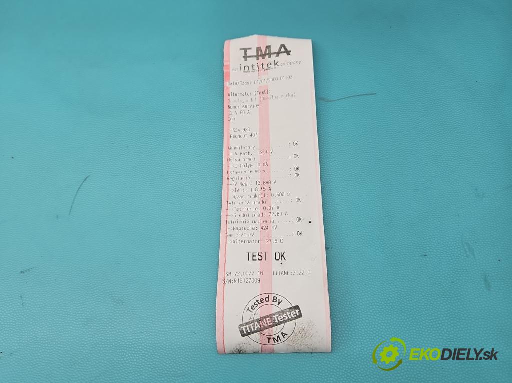 Peugeot 407 1.8 16v 116 HP manual 85 kW 1749 cm3 4- Alternator 9649611480 (Alternátor)