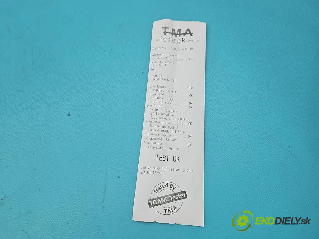 Skoda Fabia III 2014- 2021 1.4 TDI 105 HP manual 77 kW 1422 cm3 5- Alternator 0986085040 (Alternátor)