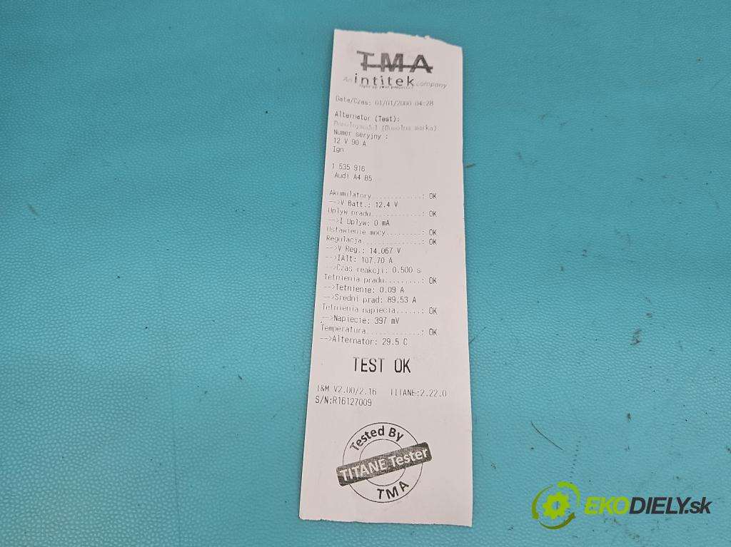 Audi A4 B5 1994-2001 1.6 8v 101 HP manual 74 kW 1595 cm3 4- Alternator  (Alternátor)