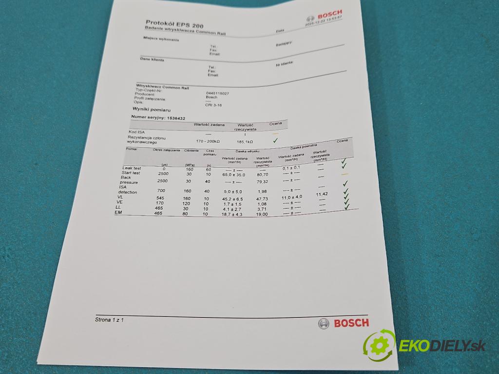 Mercedes ML W164 2005-2011 3.0 cdi 224hp automatic 165 kW 2987 cm3 5- vstrek 0445115027 (Vstrekovač paliva)