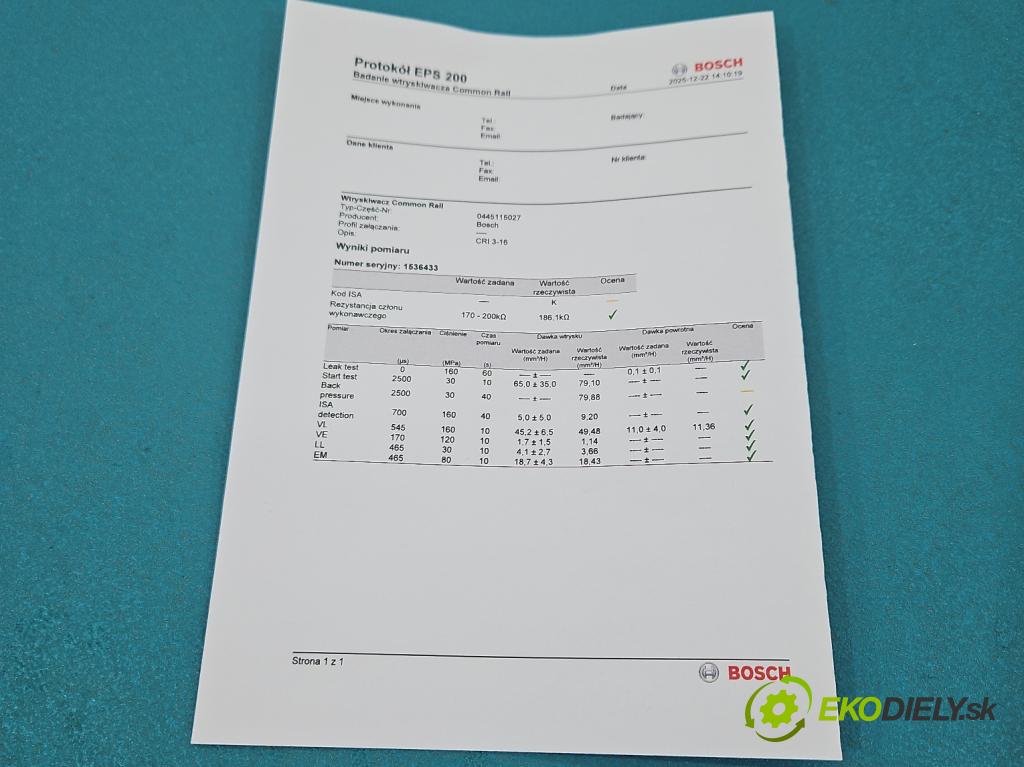 Mercedes ML W164 2005-2011 3.0 cdi 224hp automatic 165 kW 2987 cm3 5- vstrek 0445115027 (Vstrekovač paliva)