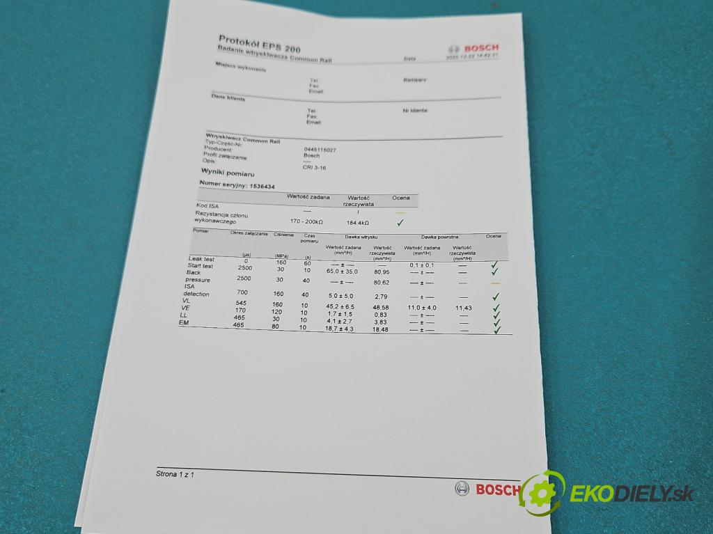Mercedes ML W164 2005-2011 3.0 cdi 224hp automatic 165 kW 2987 cm3 5- vstrek 0445115027 (Vstrekovač paliva)
